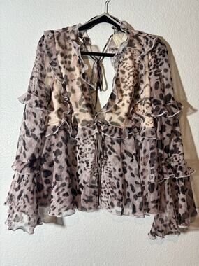 Olia NWT Womens Size L Plunge Neck Tie Back Ruffle Lined Long Sleeve Leopard Top